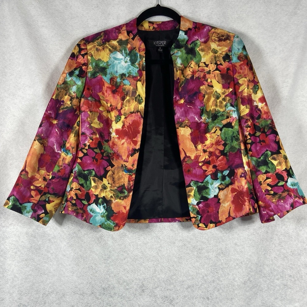 Kasper Jacket Women's 6 Red Pink Blazer Long Sleeves Floral Church Career EUC